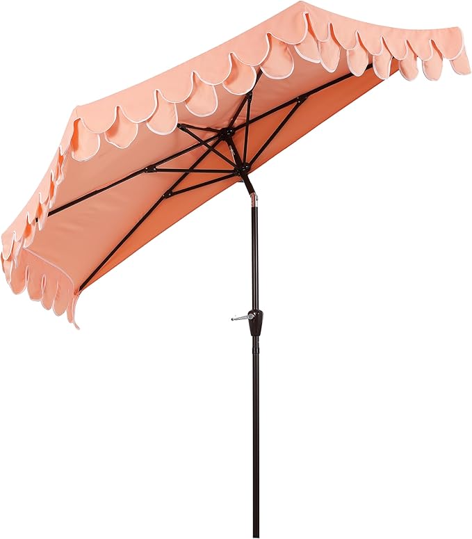 JONATHAN Y Terrace Scalloped 9 ft. Half Round Patio Umbrella with Crank Lift and Tilt, Coastal Semicircle Market Wall Umbrella for Balcony, Coral Pink/White, Dark Brown Pole UMB1202E