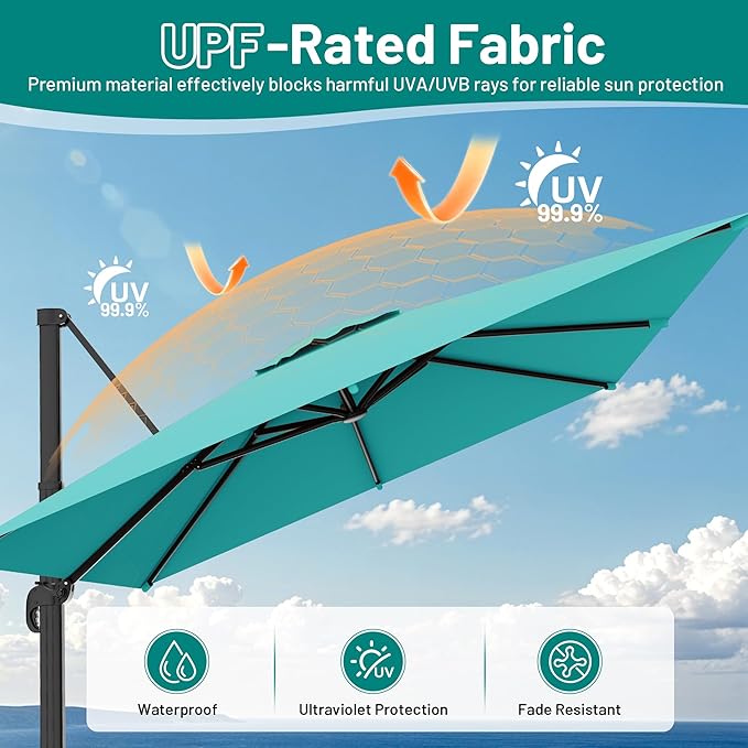 AreShark 8 X 8 FT Cantilever Patio Umbrella, 360-Degree Rotation Round Hanging Offset Umbrella with Crank, Heavy Duty Patio Umbrella for Patio, Pool, Garden, Deck, Peacock Blue