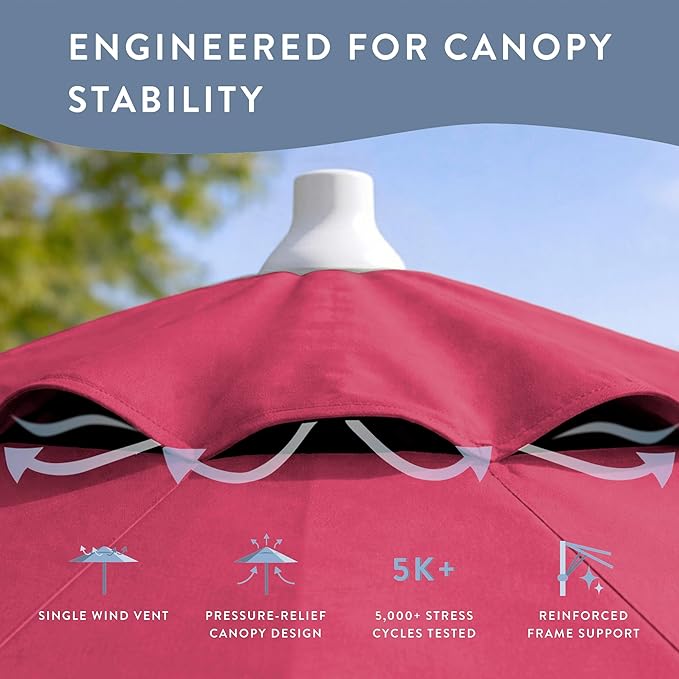 California Umbrella 12-Year Protection 9-Ft Outdoor Patio Umbrella, Sunbrella Fade-Resistant Fabric, Auto-Tilt, Heavy Duty Aluminum Frame, 8 Reinforced Ribs for Pool or Deck, White Pole, Hot Pink