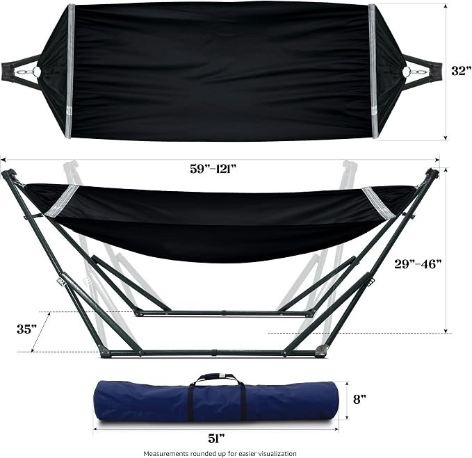 Tranquillo Ultimate Relaxation Portable Hammock Stand with Cotton Canvas Net, Spreader Bar, Quick Fold Unfold in 30 Seconds Steel Frame Hammock 600 lbs Capacity Outdoor, Black