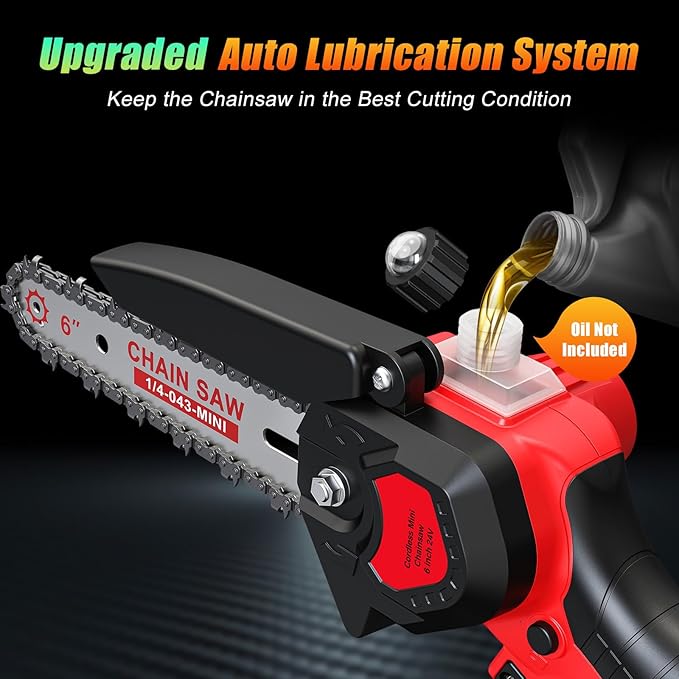 6 Inch Mini Chainsaw Cordless, 24V Battery Powered Handheld Chainsaw | 2×2000mAh Batteries, Auto Oiler, Lightweight, Electric Chainsaw for Tree Trimming, Wood Cutting, Gardening-Red