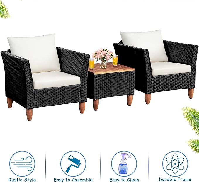 COSTWAY 3 Pieces Patio Rattan Furniture Set, Outdoor Wicker Conversation Chairs Set with Acacia Wood Coffee Table & Washable Cushion, Porch Furniture Bistro Set for Balcony, Garden, Backyard, White