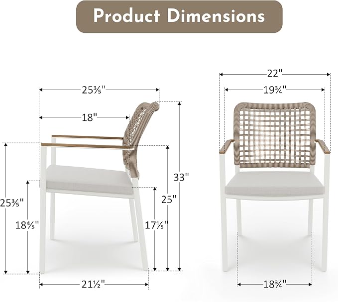 Modern Shade Riviera Outdoor Dining Chairs Set of 2, Fade Resistant, All-Aluminum Woven Rope Outdoor Chairs with FSC Teak Wood Armrests, Weather-Resistant Patio Chair with Quick Dry Cushion, Beige
