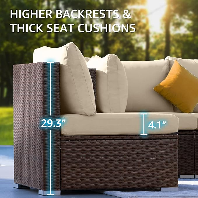 NICESOUL 15 Piece Outdoor Sectional with Fire Pit Table, Modern Luxury Patio Deep Seating w/Firepit, 29.3'' High-Back Wicker Couch Thick, Big High-Weight Capacity Sofa for Garden, Yard, Brown & Beige
