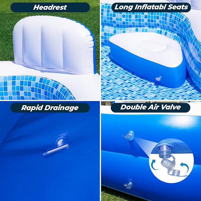 Inflatable Swimming Pool with Seat Pump, 121" X 90" X 22" Blow-Up Pool for Kids Adults Oversized Thickened Kiddie Pool Family Full Sized Inflatable Pools for Garden, Backyard, Outdoor Water Party