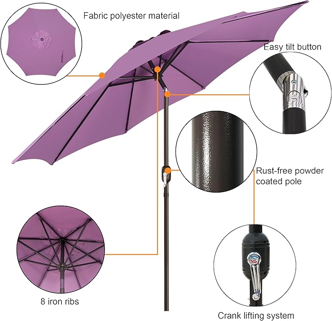 Blissun 9' Outdoor Patio Umbrella, Outdoor Table Umbrella, Yard Umbrella, Market Umbrella with 8 Sturdy Ribs, Push Button Tilt and Crank