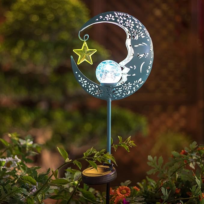 Hapjoy Outdoor Solar Lights Garden Decor for Patio,Lawn or Pathway Moon Decorations Crackle Glass Globe Stake Metal Lights Waterproof Warm LED Garden Gifts (Blue)