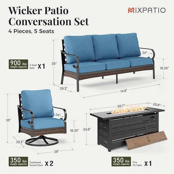 Patio Furniture Set with Fire Pit Table, 4 PCS Metal Outdoor Conversation Set with 5.75'' Extra Thick Cushion, 2 Swivel Chairs, 3-Seat Sofa and Gas Fire Pit Table, Navy Blue