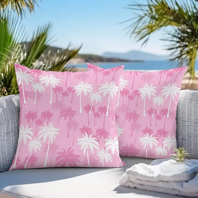 Throw Pillow Covers 16x16 Inch Set of 2, Tropical Palm Tree Waterproof Outdoor Pillow Covers, Magenta Pink Plants Coastal Leaf Beach Decorative Cushion Pillowcases for Couch, Sofa, Bed, Garden, Patio