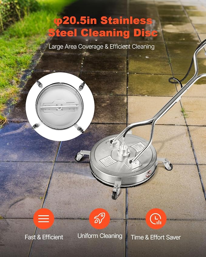 VEVOR 20 Inch Pressure Washer Surface Cleaner, 4000 PSI Stainless Steel Attachment with 4 Wheels, 2 Nozzles, 3/8 Inch Quick Connect and Dual Handle for Concrete, Patio, Sidewalk