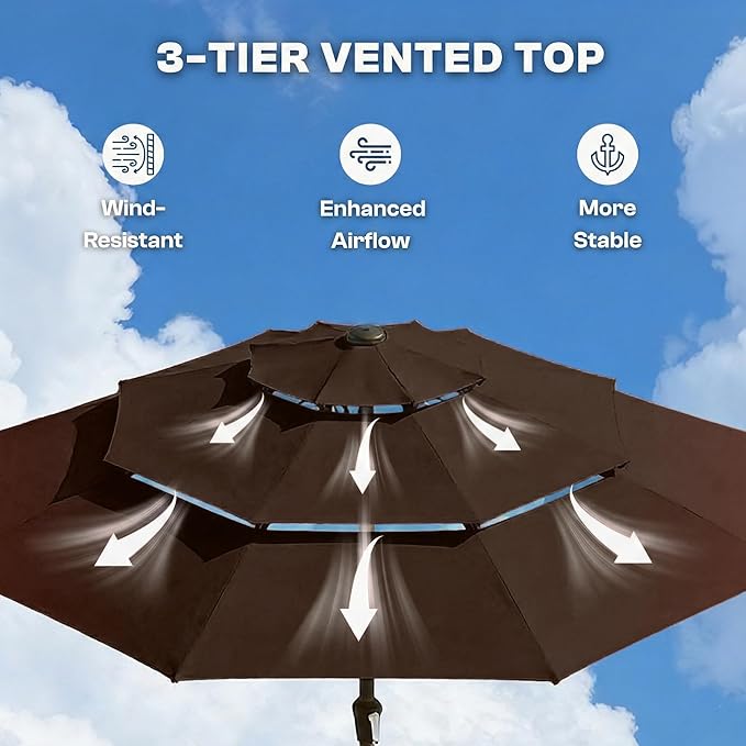 10FT Patio Umbrella 3 Tiers with LED Light Outdoor Market Umbrella w/Push Button Tilt, Crank, UV and Waterproof Table Umbrella for Garden, Pool, Backyard, Deck, Lawn, Brown