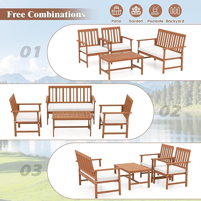 Tangkula 4-Piece Acacia Wood Patio Conversation Set, Outdoor Furniture Set with 2 Armchairs, Loveseat, Coffee Table, Soft Cushions, Slatted Sofa and Chairs Set for Deck, Backyard (Off White,1)
