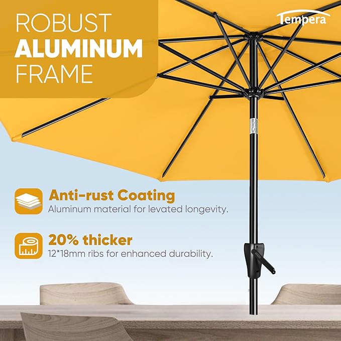 Tempera Patio Market Outdoor Table Umbrella with Push Button Tilt and Crank, Large Sun Umbrella with Sturdy Pole & Fade Resistant Canopy, Easy to Set