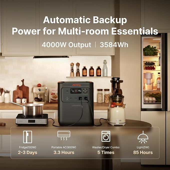 Jackery HomePower 3600 Pro Max Portable Power Station with Extra Battery Pack, 4000W 120V/240V AC Output, 7168Wh LFP Battery, Expandable to 21kWh, Essential Home Backup for Outages & Emergencies