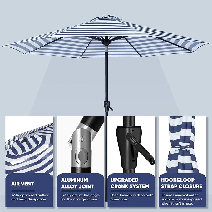 Tempera Patio Market Outdoor Table Umbrella with Push Button Tilt and Crank, Large Sun Umbrella with Sturdy Pole & Fade Resistant Canopy, Easy to Set