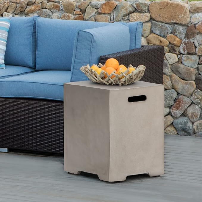 COSIEST Outdoor Hideaway Tank Table for Gas Fire Pits, Hides Standard 20lb 16-inch Propane Tank Cover w Side Handles (Mist Gray)
