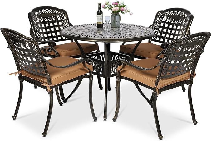 VIVIJASON 5-Piece Patio Furniture Dining Set, All-Weather Cast Aluminum Outdoor Conversation Set, Include 4 Cushioned Chairs and a 35.4" Round Table w/Umbrella Hole for Balcony, Lawn, Garden, Backyard