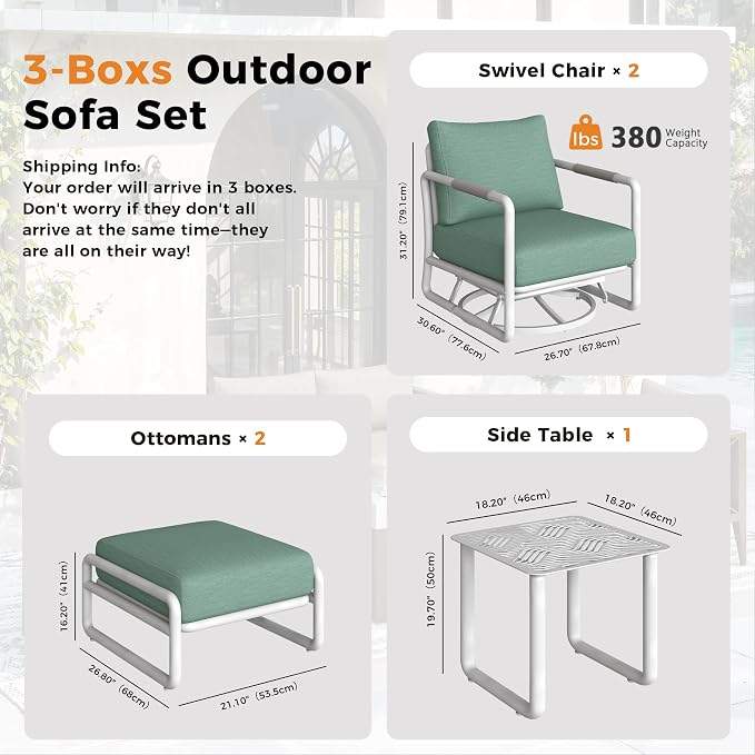 5-Pieces Round Aluminum Patio Furniture Set, Outdoor Swivel Rocking Chairs with 6.5" Thick Cushions & 2 Ottomans, All-Weather Rust-Resistant Frame Conversation Set for Porch, Garden, Backyard, White
