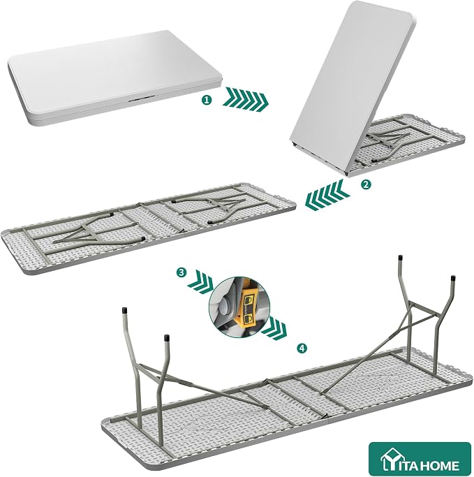 YITAHOME 8FT Folding Tables, Heavy Duty White Folding Table with Carrying Handle, Plastic Fold up Table for Outdoor Camping Picnic Parties/Indoor Events, White