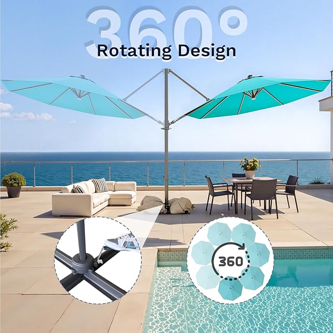 Devoko 10ft Solar LED Patio Umbrella, Round Cantilever Outdoor Umbrella with Solar Lights and 360-Degree Rotation, Large Hanging Offset Market Umbrella with Easy Tilt for Patio Deck Garden,Turquoise