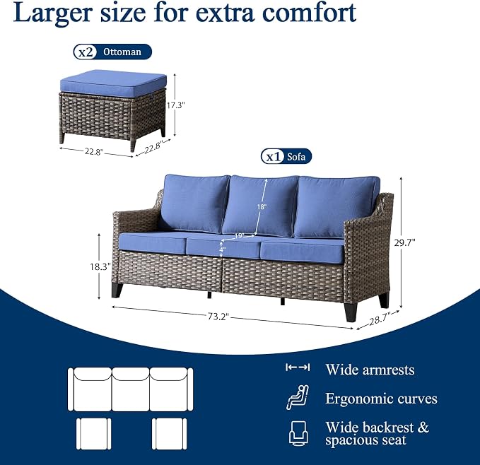 Luxury Patio Furniture Sofa Set - 3 Pieces All Weather Wicker Outdoor Couch and High Back Patio Sofa with 2 footstools for Deck Yard and Poolside Gray Wicker | Blue Cushions