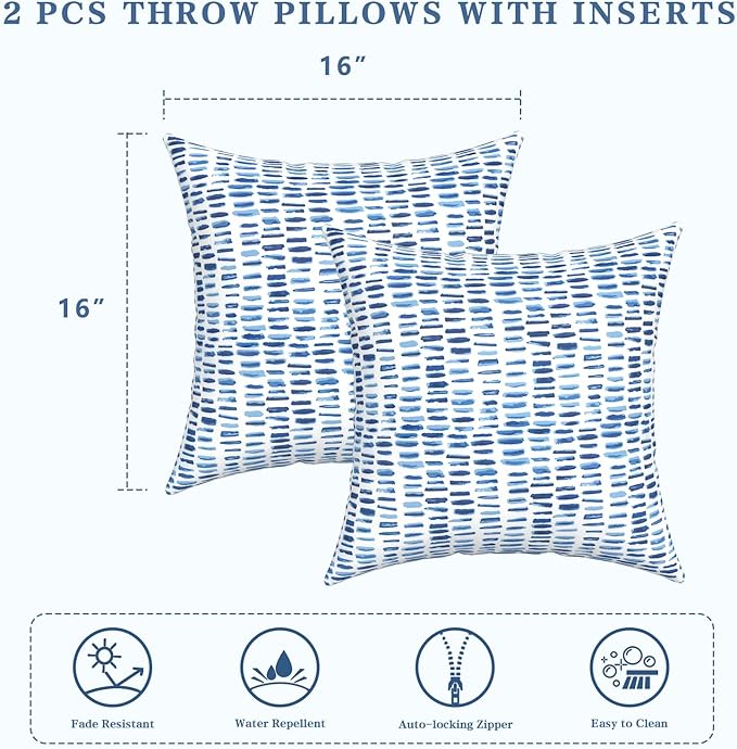 LVTXIII Outdoor Throw Pillows, Decorative Throw Pillows with Inserts, 16"x16" Square Pillows for Bed, Couch, Sofa and Patio Furniture, Set of 2, A Pebble Blue