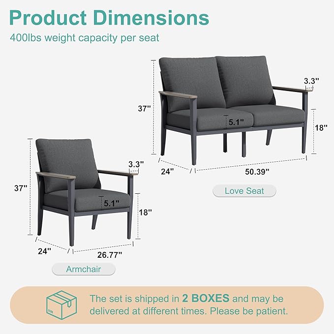 4-Seat Outdoor Patio Furniture Set Aluminum Sectional Sofa Set, Patio Conversation Set with High Backrest & Thickened Cushions for Garden, Backyard, Poolside, Dark Grey
