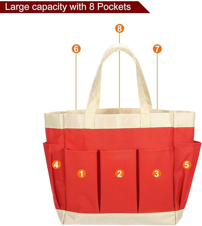 HARFINGTON Garden Tool Bag 11.22" x 5.12" x 11.02" Large Oxford Bag with Pockets Garden Tote Bag Gardening Plant Tool Organizer Storage Carrier Store for Outdoor Women Men, Orange-Red