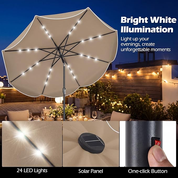 Tangkula 9 FT Solar Patio Umbrella, 2-Tiers Outdoor Scalloped Table Umbrella with 24 LED Lights, Tilt Adjustment, Crank, 8 Ribs for Market Backyard Pool Deck Beach Lawn