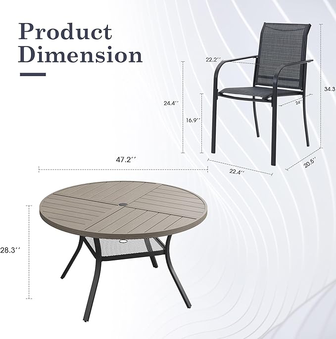 7 Pieces Outdoor Dining Set, Stackable Textilene Paito Chairs & 47.1" Round Dining Table with Umbrella Hole and Shelf, Patio Dining Set for Backyard, Deck, Garden, Grey
