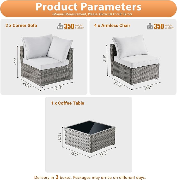 7 PCS Outdoor Patio Furniture Sets,Wicker Weather Resistant Patio Conversation Set with Comfy Cushions,Modular L Shaped Sofa with Coffee Table for Yard Backyard Porch Garden Poolside,Light Grey