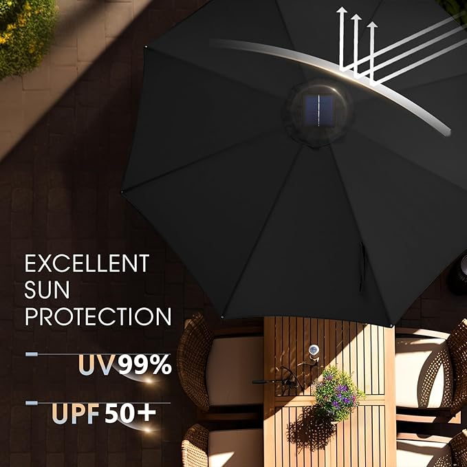 wikiwiki 9FT Solar Led Patio Umbrella with Base Included, 32 LED Lights, 8 Sturdy Ribs, Fade Resistant Waterproof POLYESTER DTY Canopy for Garden, Lawn, Deck, Backyard & Pool, Black