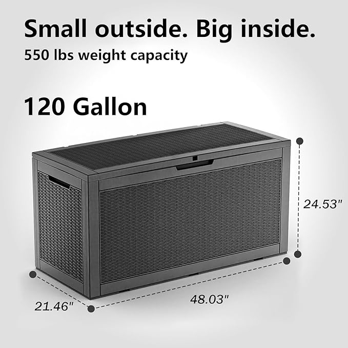 EasyUp 120 Gallon Waterproof Deck Box, Lockable Resin Outdoor Storage Box, Durable Storage Bin with Reinforced Hydraulic Rod for Patio Furniture, Garden Tools, Pool Accessories, Indoor Cushion, Black
