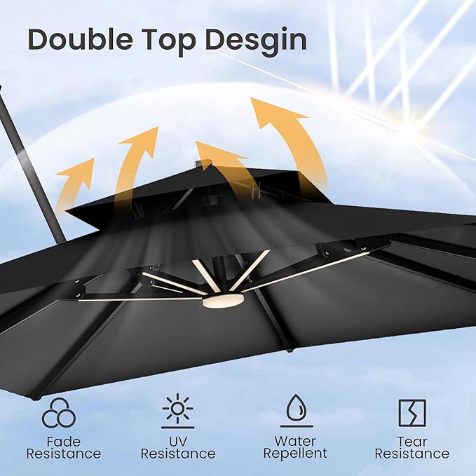 9x12 FT Cantilever Patio Umbrella with Base and Led Lights Double Top Outdoor Rectangular Large Heavy Duty Aluminum Offset Umbrellas with 7 Level Tilt 360-degree Rotation for Pool Garden Deck, Black