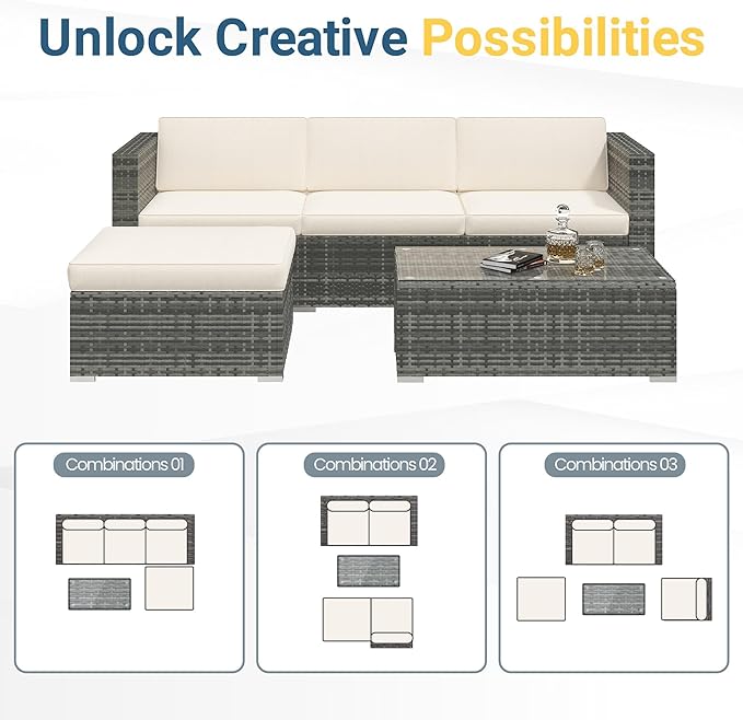 Wisteria Lane 5 Piece Outdoor Patio Furniture Set, All Weather Wicker Rattan Sectional Sofa Conversation Set with Cushions & Glass Coffee Table, Ideal for Porch Garden Balcony Backyard, Beige