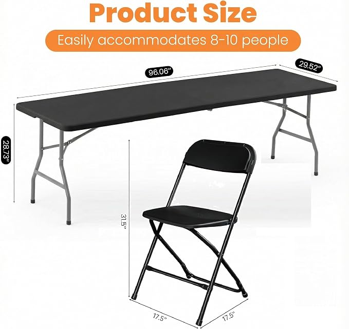 8 FT Black Plastic Folding Table Chairs Set, Portable Foldable Table with 10 Black Folding Chairs for Picnic, Event, Game, Camping, Dining, at Home and Commercial Use
