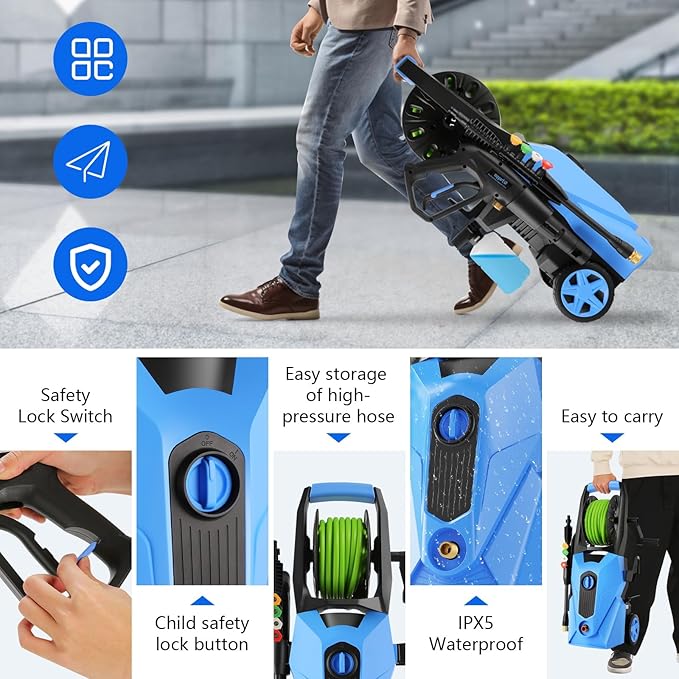 Pressure Washer 5000PSI High Power Washer with 33ft Pressure Hose Reel, 4 Nozzles and Foam Cannon, for Home, Cars, Fences, Patio (Blue)