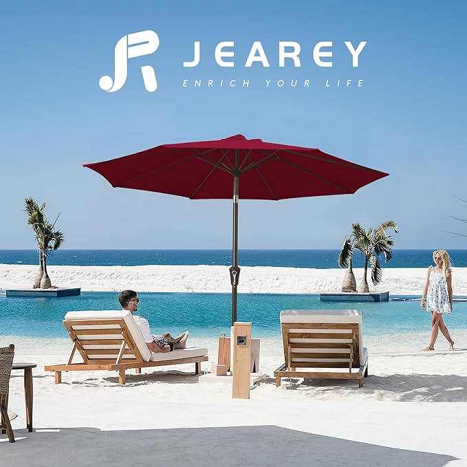 JEAREY 10FT Outdoor Patio Umbrella Outdoor Table Umbrella with Push Button Tilt and Crank, Market Umbrella 8 Sturdy Ribs UV Protection Waterproof for Pool, Garden (Dark Red)