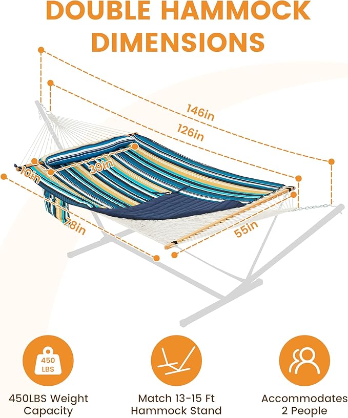 Lazy Daze Hammocks Rope Hammock with Pad, Spreader Bar, Carabiners, Tree Straps, Chains for Outside Patio- Max 450 Lbs, Beach Stripes