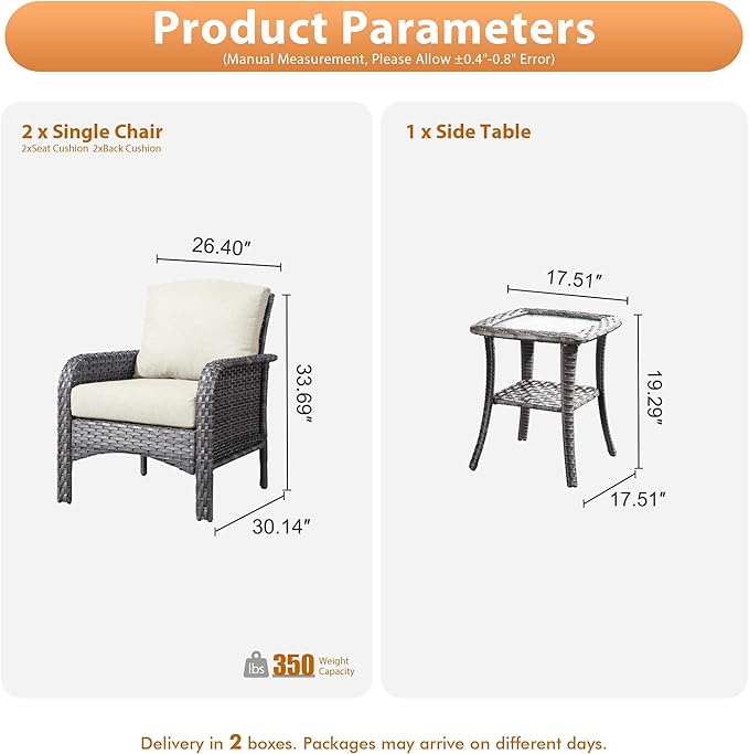 3 PCS Outdoor Patio Furniture Set with Side Table, All-Weather Rattan Wicker Outdoor Conversation Set with Thickened Cushions for Balcony Backyard Garden Lawn,Beige