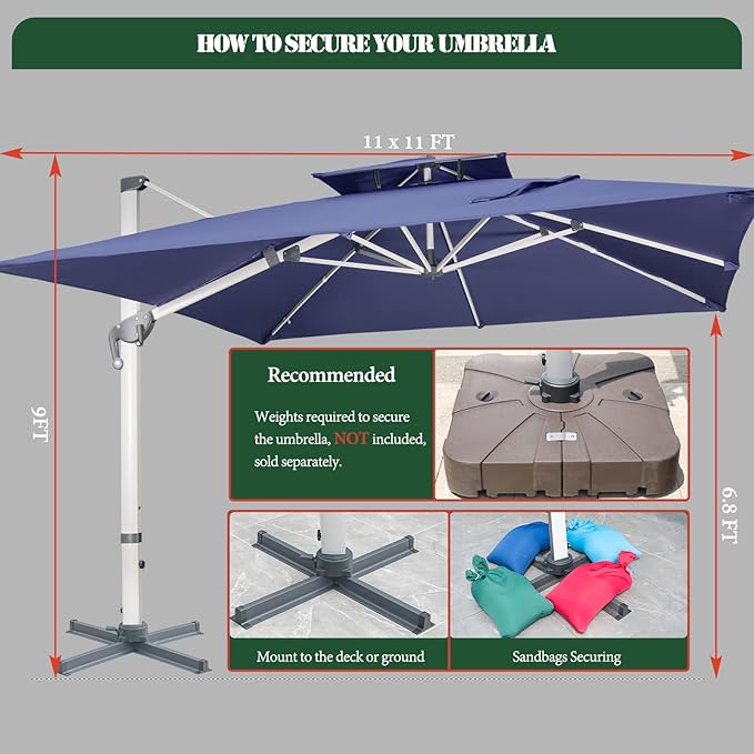 Cantilever Patio Umbrella with Cross Base and Cover Included - 360° Rotation Large Heavy Duty Offset Outdoor Umbrella with Easy Tilt for Pool Backyard Deck Garden (11x11 FT Navy Blue)