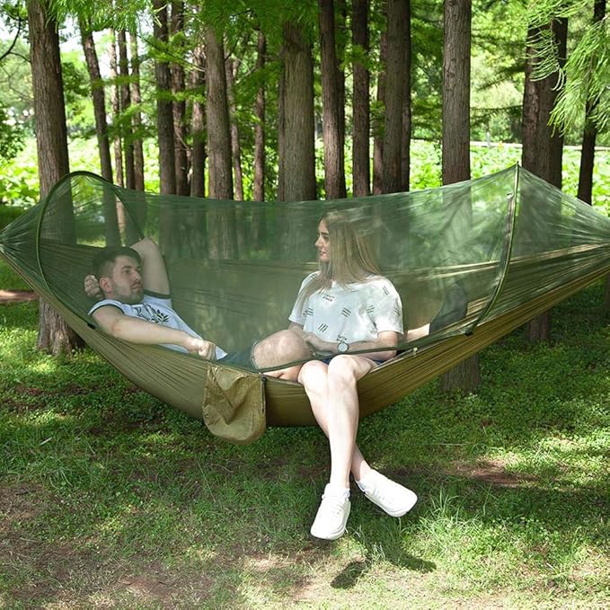 Camping Hammock, Lightweight Nylon Parachute, Portable Indoor & Outdoor Tree Hammock with 2 Hanging Straps & Tent Net, Travel Hammocks, Backyard, Camping-A||290140CM