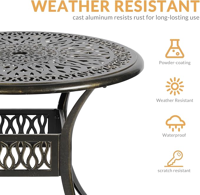3-Piece Outdoor Patio Dining Set, All-Weather Cast Aluminum Patio Furniture Set for Backyard Garden Deck with 2 Cushioned Chairs and 35.4” Round Table, 2" Umbrella Hole, Navy Blue