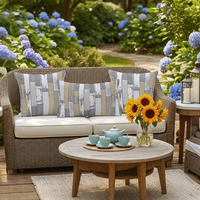 Yellow Gray Outdoor Pillow Covers 26x26 Inch Throw Pillow Covers Set of 2 Waterproof Decorative Pillow Cases Rustic Vintage Shabby Mottled Wood Grain Cushion Covers for Patio Furniture Garden Couch
