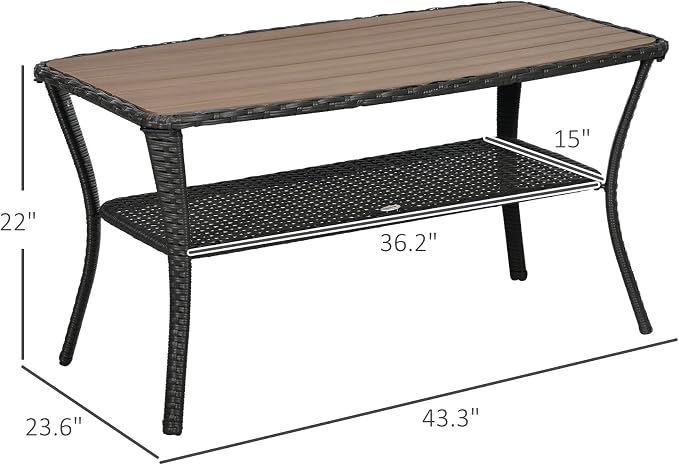 Outsunny PE Rattan Outdoor Coffee Table with Storage, 2-Layer Wicker Side Table, Patio Storage Table with Wood-Plastic Composite Top for Garden, Porch, Backyard, Mixed Brown