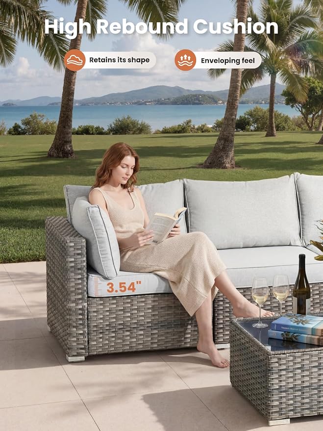 ovios 10 Piece Outdoor Patio Furniture Set with Fire Pit Table,Conversation Sectional Wicker Couch with Swivel Chairs,Modern Outside Sofa for Balcony Backyard, Beige
