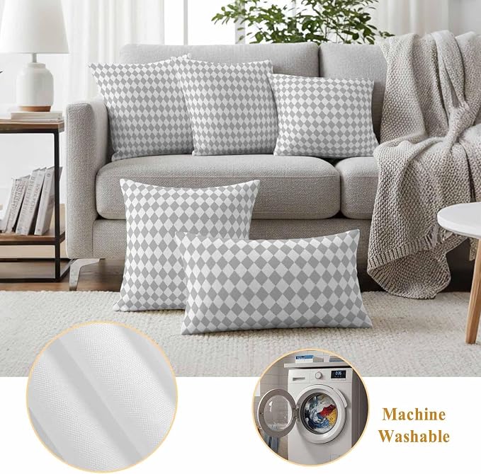 Outdoor Throw Pillow Cover Abstract Gray White Plaid Waterproof Cushion Covers 2 Pack Modern Geometric Diamond Pillow Cases Home Decoration for Patio Garden Couch Sofa