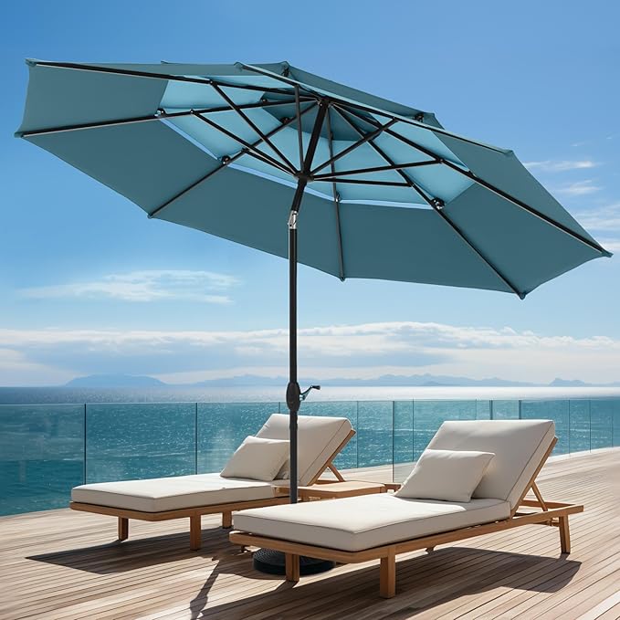 PHI VILLA 10ft Outdoor Patio Umbrella for Outside, 3 Tier Vented Round Market Table Umbrella Windproof for Backyard, Deck, Garden, Cyan & Green (No Base)
