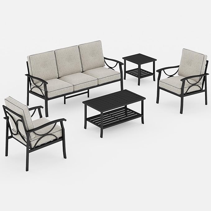 RoyalCraft 5-Pieces Outdoor Patio Furniture Set, Outdoor Metal Sectional Furniture with Cushions, Outdoor Conversation Seating Set with Coffee Table for Balcony, Backyard, Garden, Deck, Black