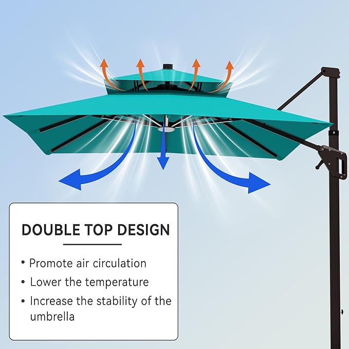 9' X 12' Cantilever Patio Umbrella with Base Included and Led Lights Double Top Rectangular Outdoor Large Offset Umbrellas with 7 Tilts Adjustable 360°Rotation for Deck Pool Garden Backyard, Turquoise